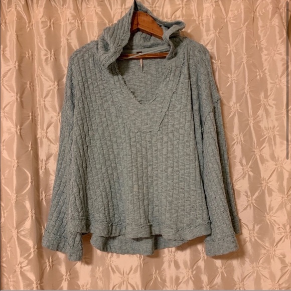 Free People Sweater Baja Babe Hooded Hacci Bell Sleeve Cerulean Blue - Picture 2 of 13